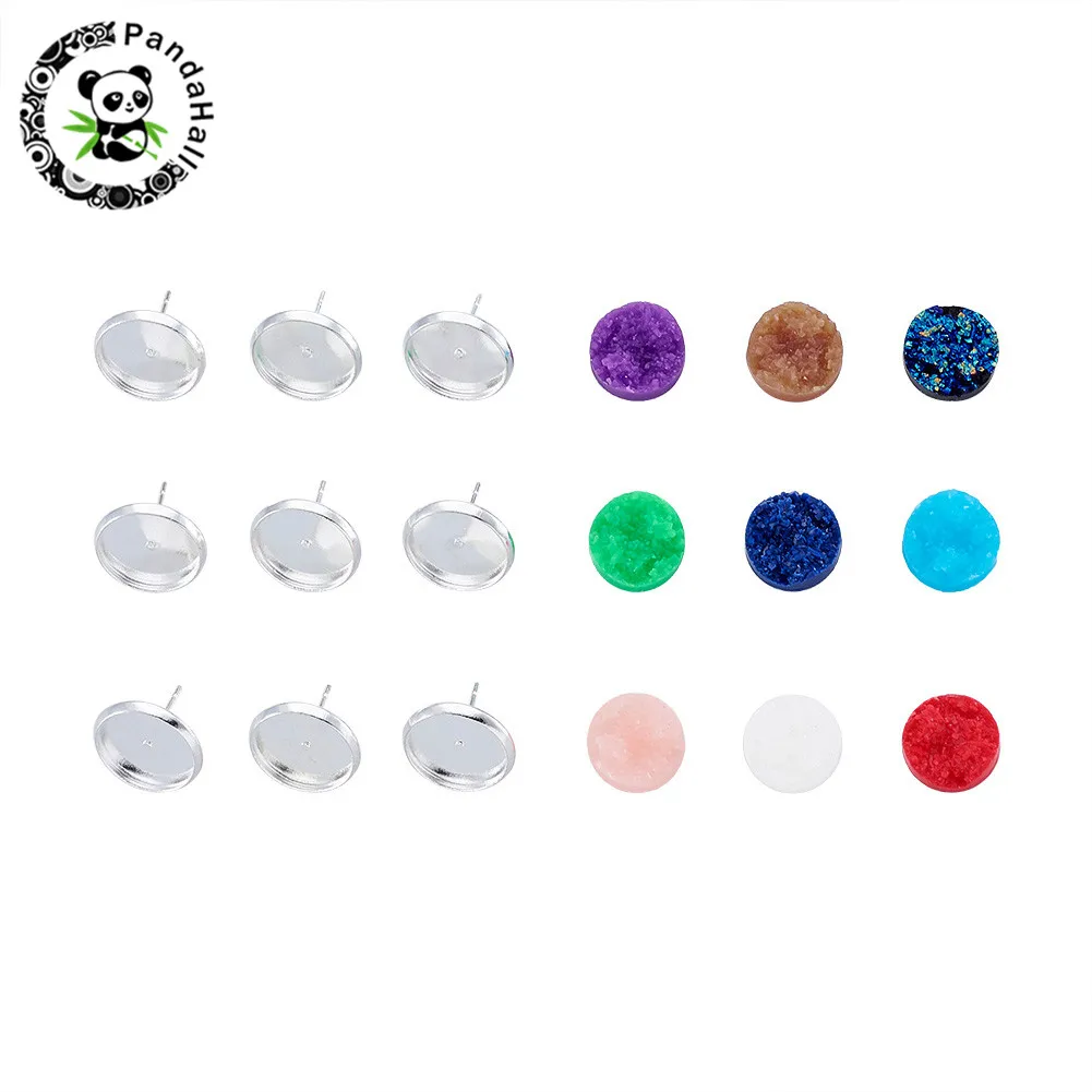 Лоток 12 мм латунные серьги-гвоздики и плоские круглые кабошоны из друзы смолы 12x5