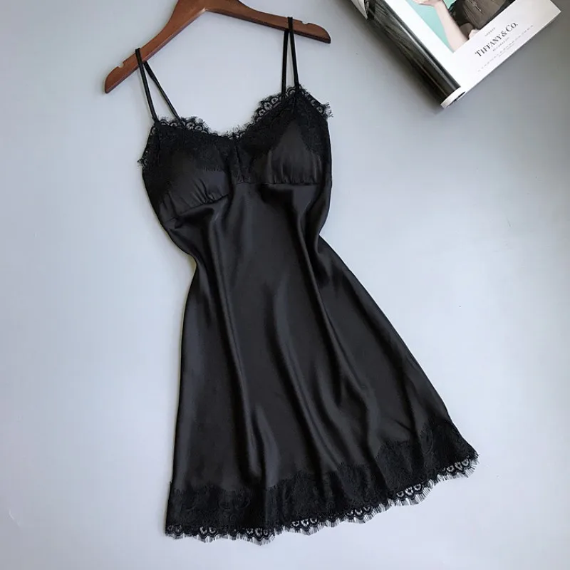 Women Nightdress Sexy Mini Dress Sleepwear Lingerie Sling Lace Nightgowns Summer Autumn V-Neck Chest Pad Babydoll | Женская одежда
