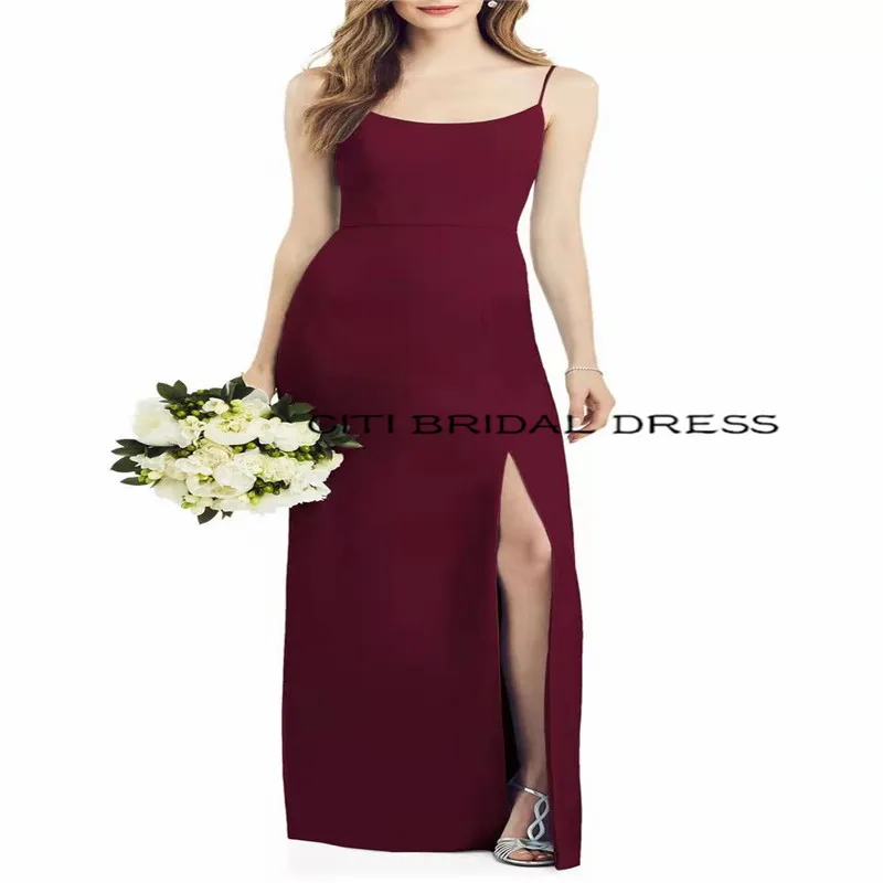 

Burgundy Evening Dresses Long Simple Side Split Bridesmaid Dress Woman Backless Spaghetti Straps Sleeveless Prom Dresses Mermaid