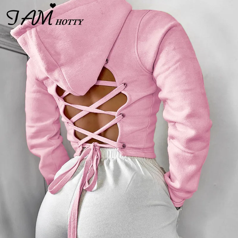 

IAMHOTTY однотонная розовая бандажная Сексуальная толстовка с капюшоном с открытой спиной осень 2020 кавайная уличная одежда с длинным рукавом х...