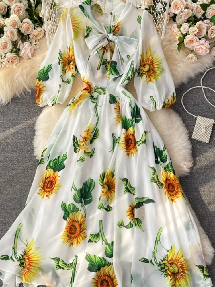 

Aibeautyer New Summer Casual Slim Floral Print Short Lady Dress A Line O Neck Puff Sleeve High Waist Mid-Calf Women Dresses