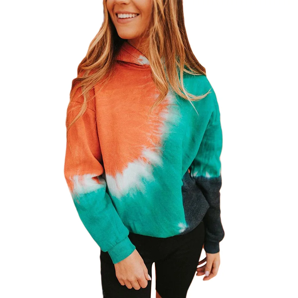 

2021 Fashion Womens Long-sleeved Sweater Personality Tie-dye Loose Round Neck Hooded T-shirt