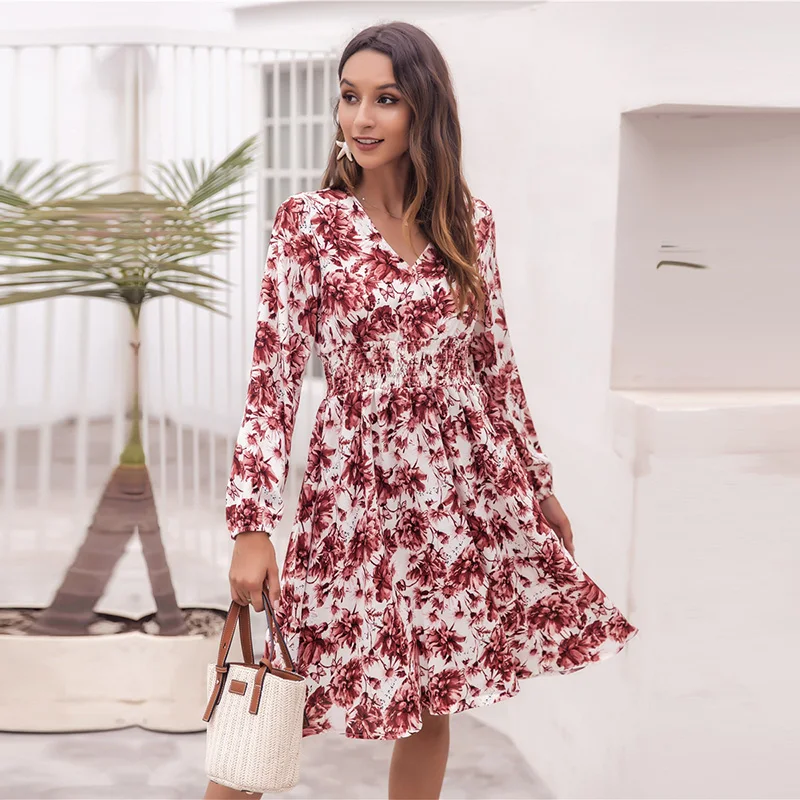 

2021 Spring Summer New Ladies Printed Waist Slim Long Sleeve V Neck Dresses Women's Fashion Big Floral Causal Long Pleated Dress