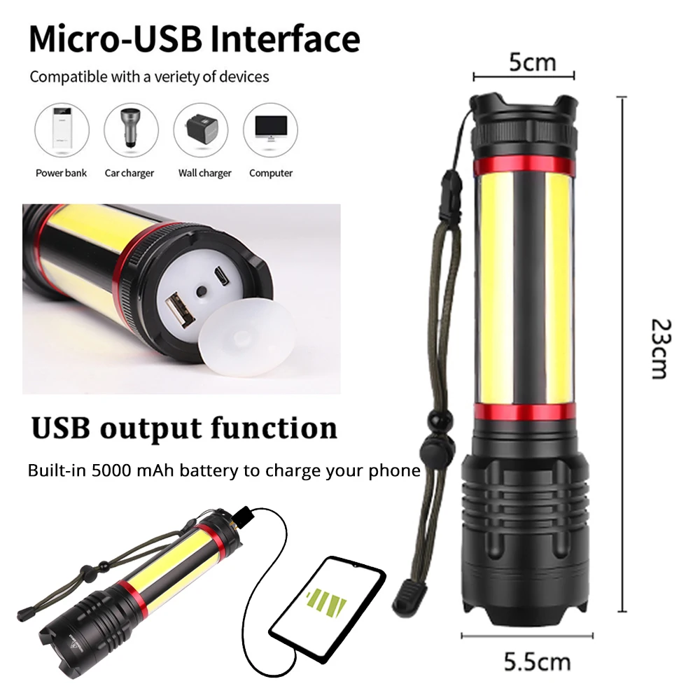 USB Перезаряжаемый 5 * T6 светодиодный фонарик Фонарь COB масштабируемый фонарь a XHP70.2