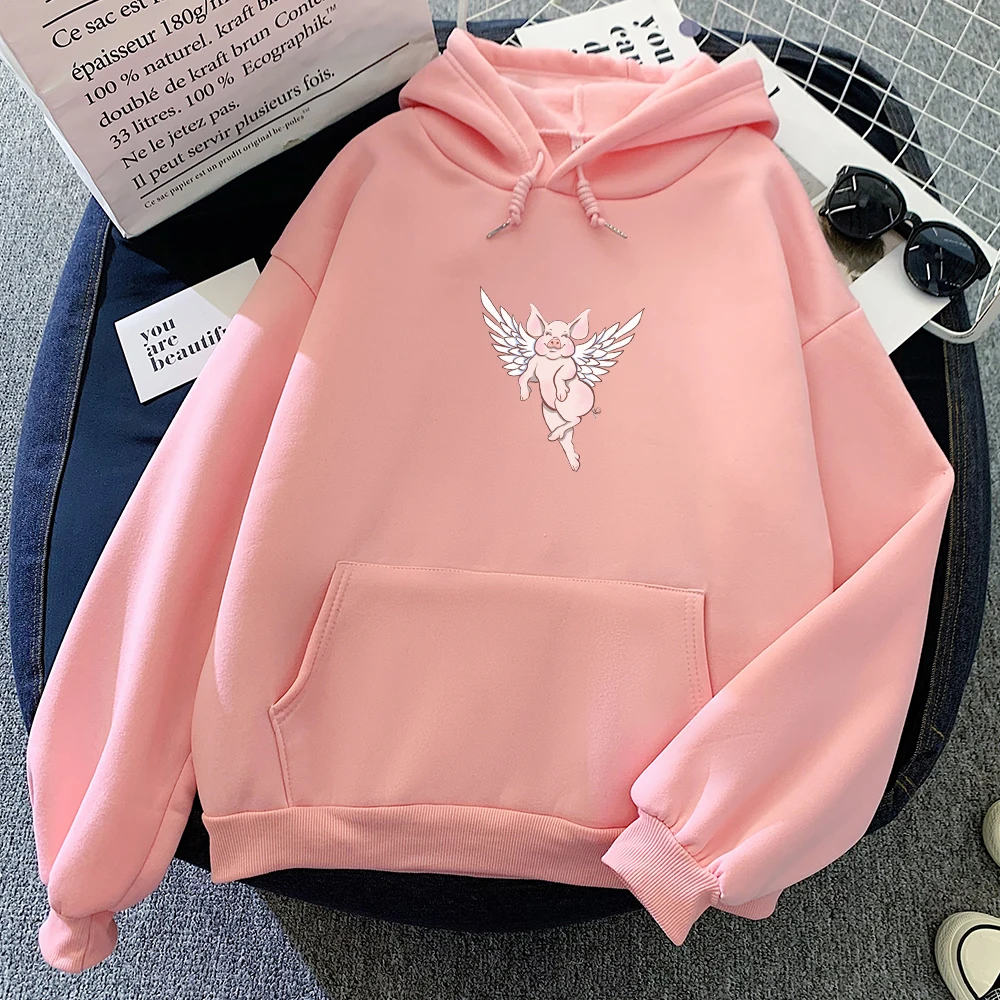 Angel Pig Hoodie Casual Pullover Gothic Aesthetic Clothing Harajuku Oversize Sweetshirt for Girls Cartoon Print Women Winter Top