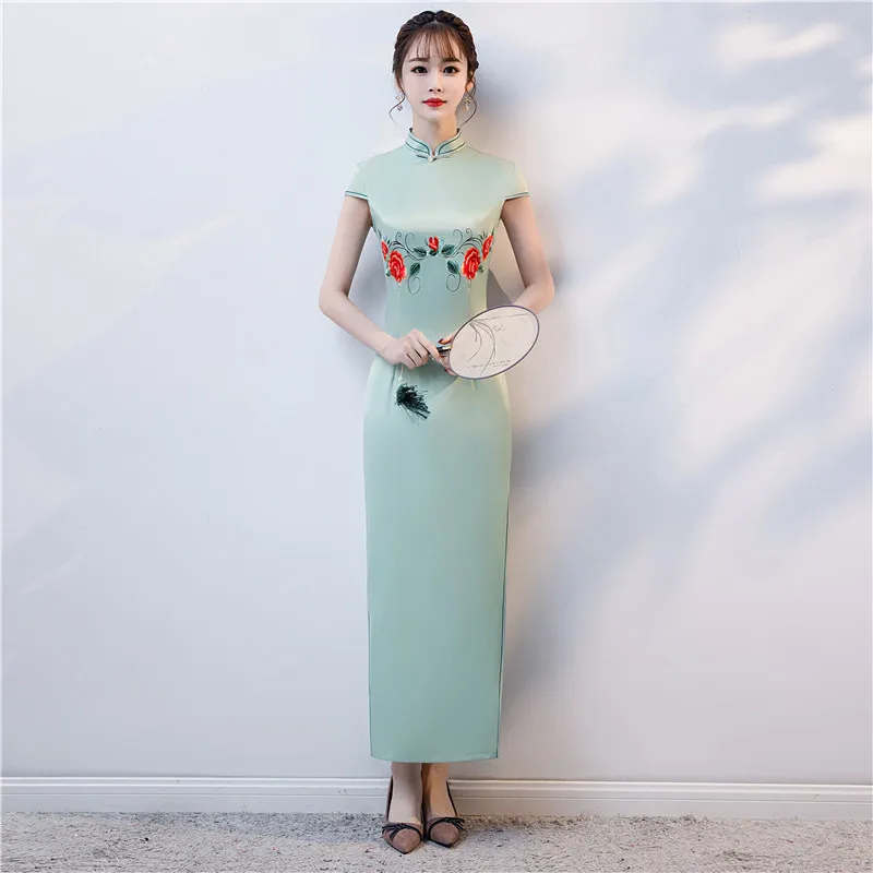 Современная Элегантная вышивка цветок Cheongsam 2019 аналогичное шелковое длинное Qi Pao