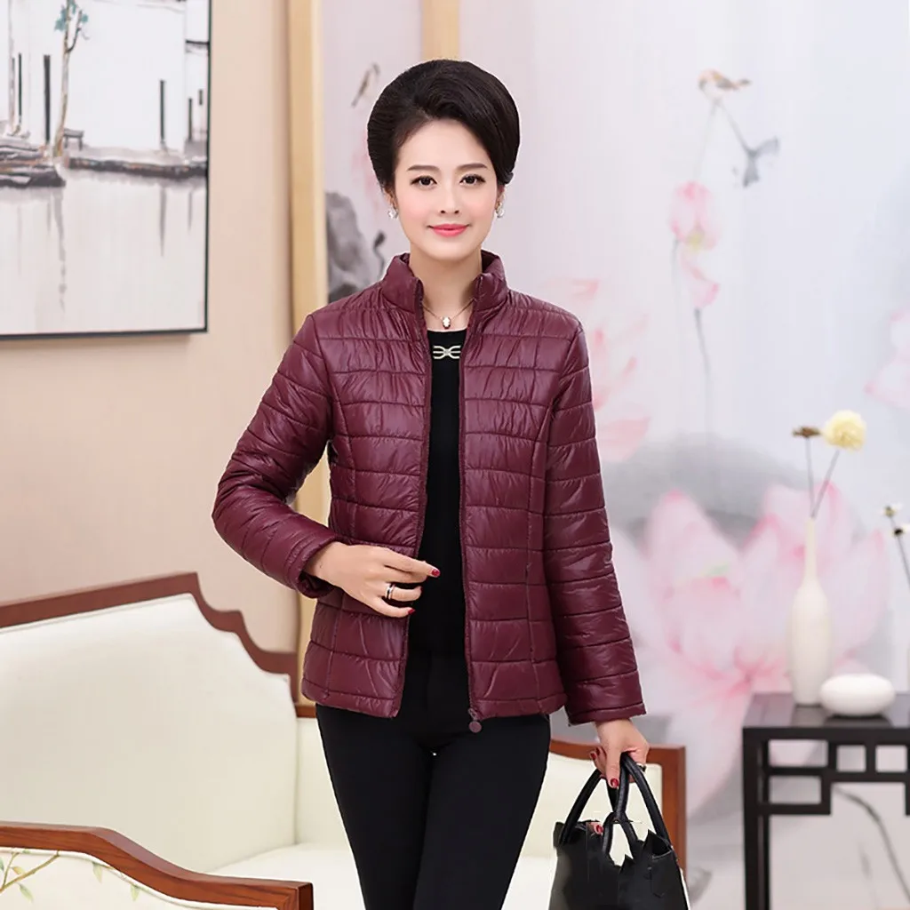 

Jacket Coat Women Plus Size Solid Middle-aged Stand Collar Zipper Light Jacket Coat Outwear Winter Short Coat Mujer Chaqueta