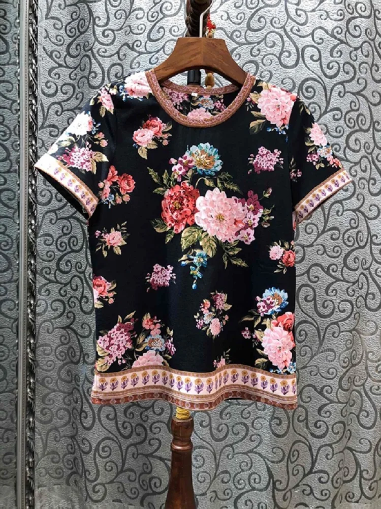 

High Quality Tops & Tees 2020 Spring Summer Casual T-Shirt Women Sweet Floral Print Hand Made Beading Pink Black T Shirt Ladies