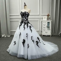 white and black a line wedding dresses strapless sleeveless applique floor length bridal gown court train zipper back