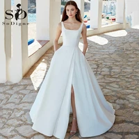 sodigne elegant satin wedding dresses sleeveless bride gown with pockets dubai sexy side split wedding gown vestido de novia