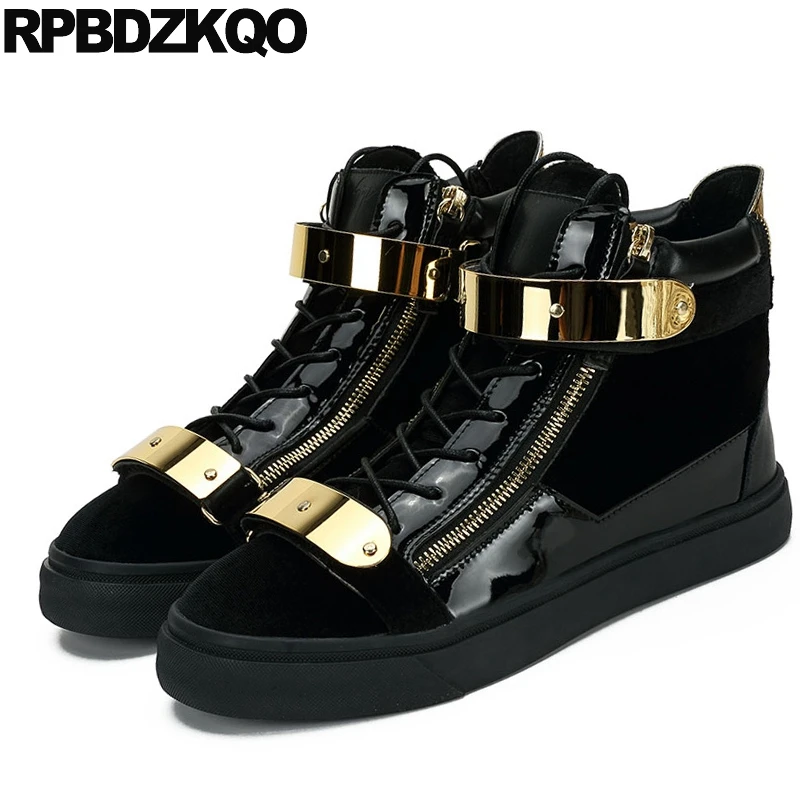 Панк кроссовки мужские черные ботинки из лакированной кожи на молнии обувь для
