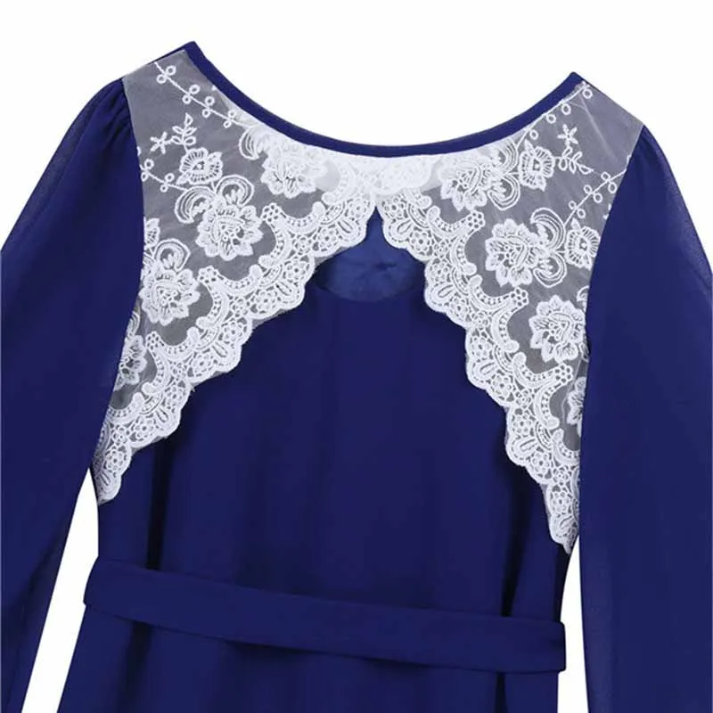 

Big Girls Long Bell Sleeve Embroidered Floral Lace Back Summer Casual Chiffon Dress Evening Birthday Party Dress + Self-Tie Belt
