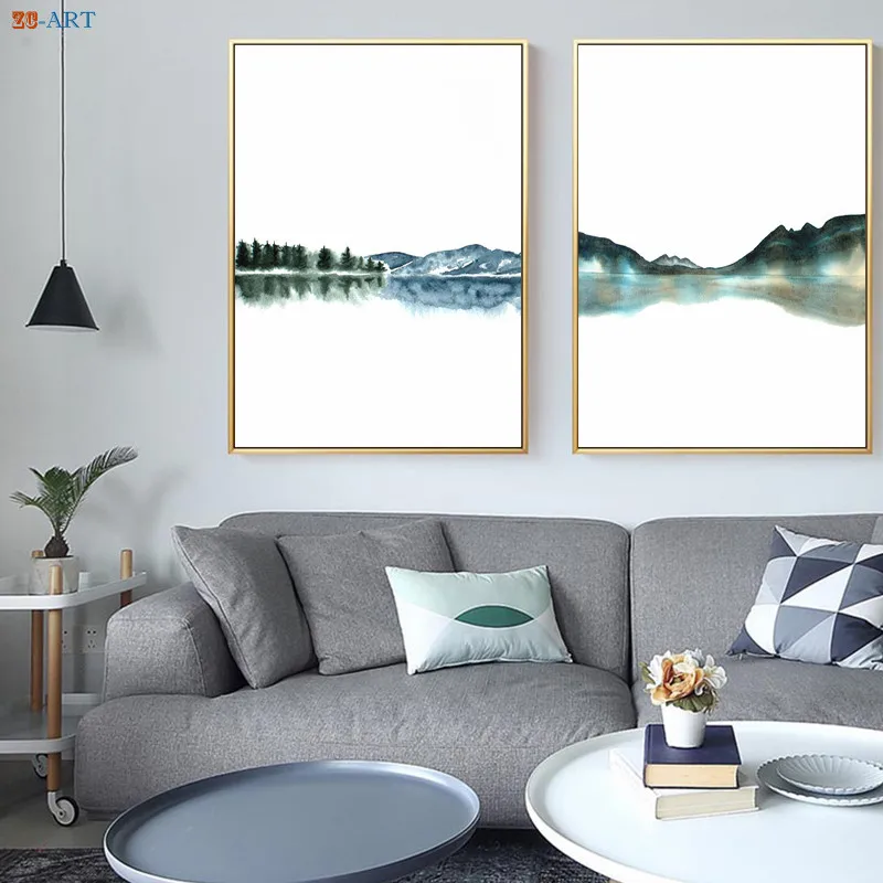 Абстрактный пейзаж холст живопись синие горы озеро отражение искусство печать