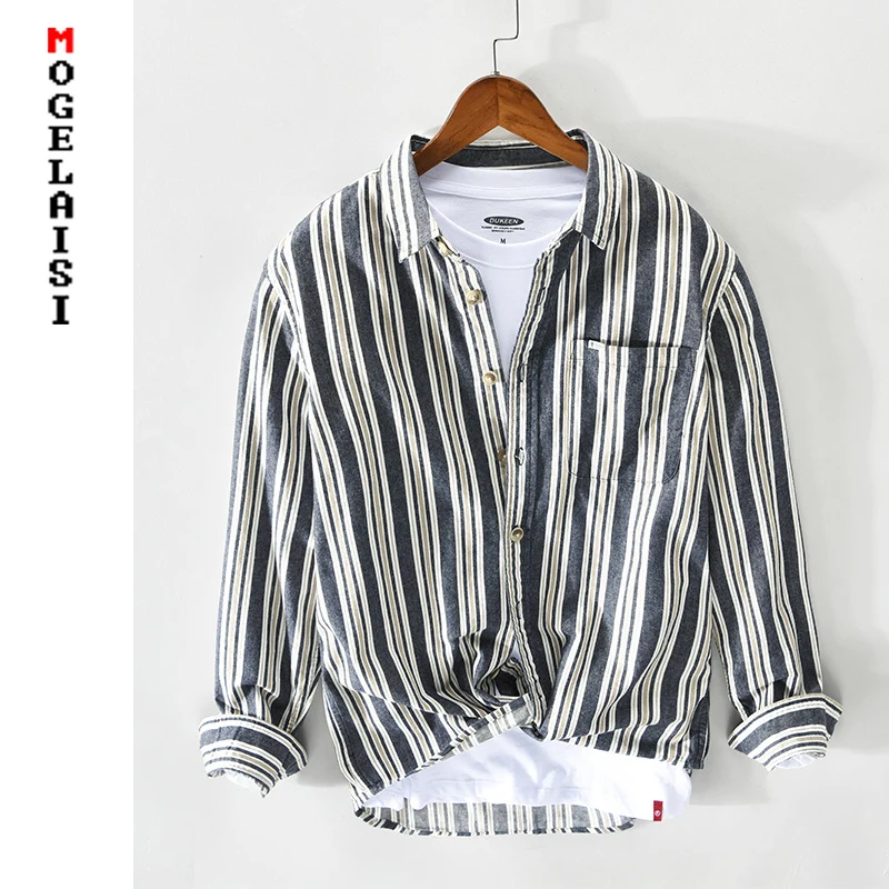 

High quality striped shirt men Fashion long sleeve tops 2021 new spring 100% cotton shirt man clothing chemise homme Z106