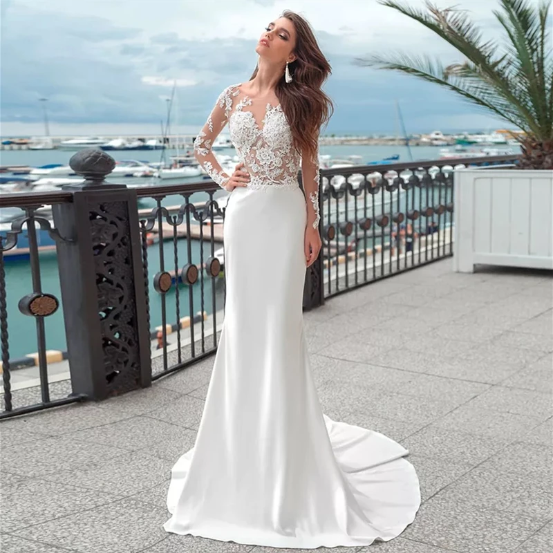 

Mermaid Wedding Dresses Long Sleeve Appliques Lace White Bridal Gown For Women O-Neck Button Back Stretch Satin Sweep Train