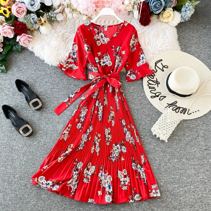 

Fashion 2021 Women New Spring Summer Print Casual Dress High Waist Fold Bandage V Neck Short Sleeve Ladies Dress