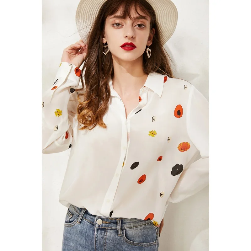 Женская шифоновая блузка с длинным рукавом Свободный Топ из натурального шелка