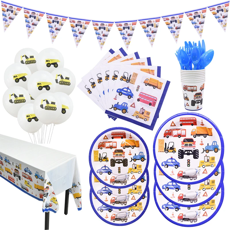 

A Set Construction Engineering Vehicles Disposable Tableware Kids Favors Theme Birthday Party Plates Cups Straws Balloon Decor