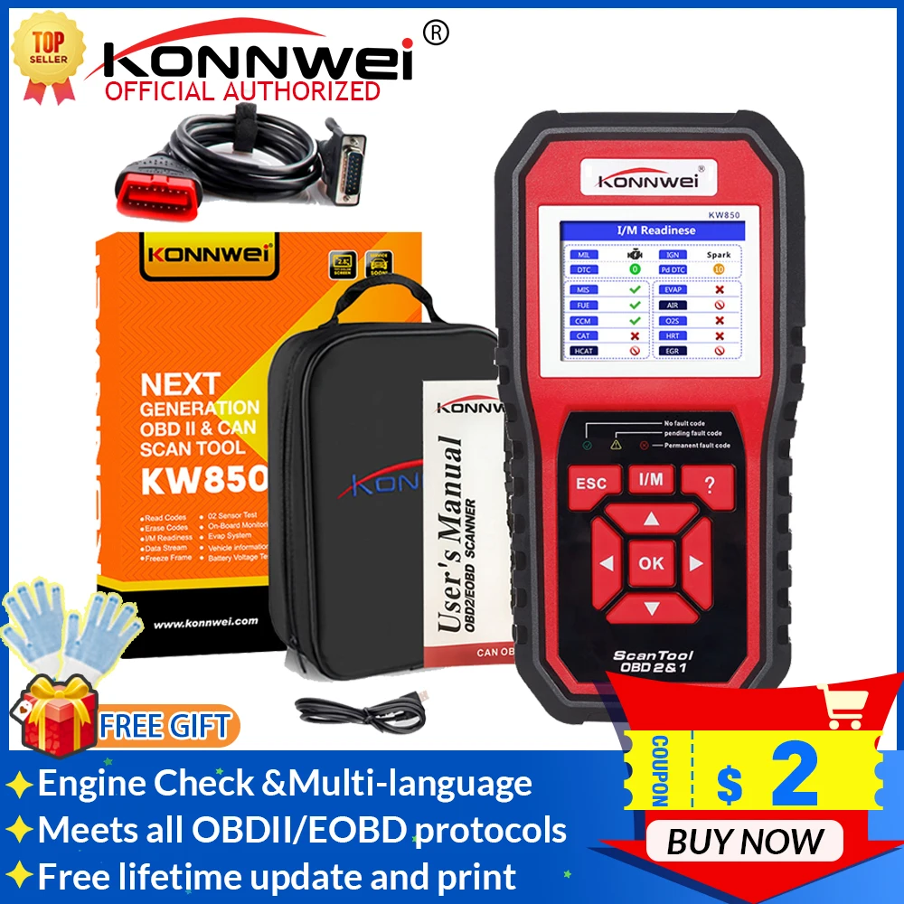 

KONNWEI KW850 OBD2 Scanner Full OBDII Functions Engine Check/O2 Sensor/Battery Tester KW850 Automotive Professional Code Reader