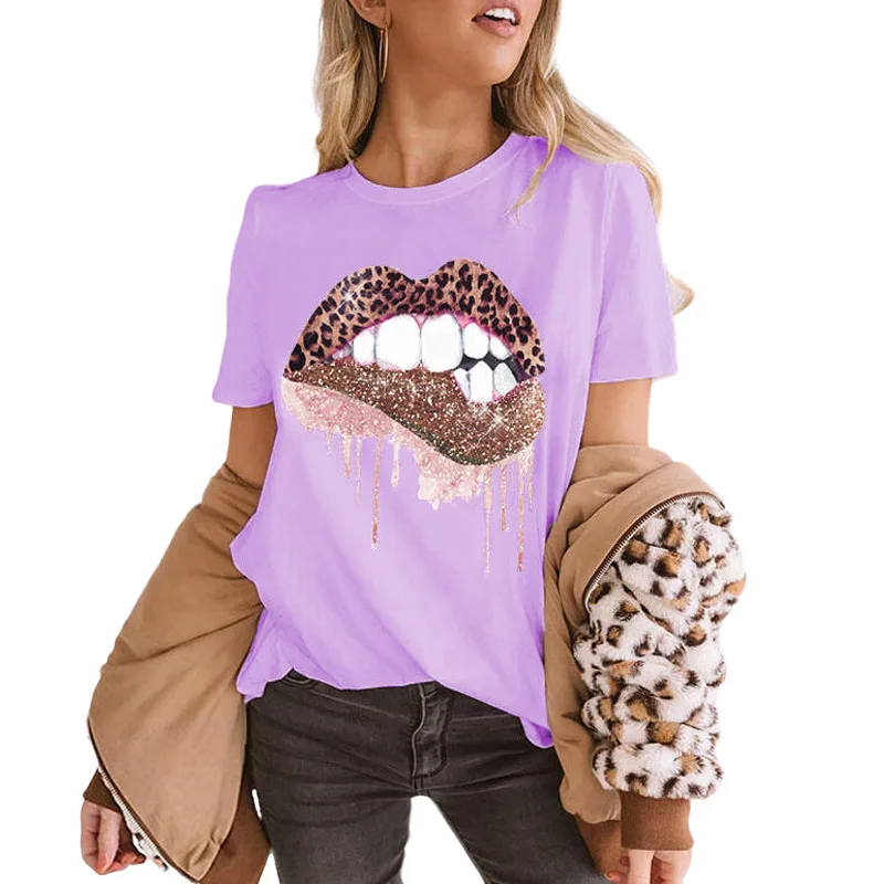 

Carney top leopard lip hot drill crew neck short sleeve T-shirt