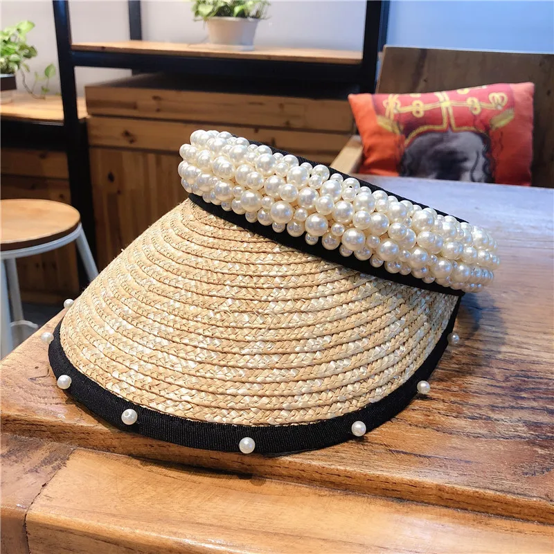 New Elegant Handmade Wheat Straw And Pearl Empty Straw Sun Hats For Female Summer Sunshade Korean Seaside Beach Visor Visera Hat