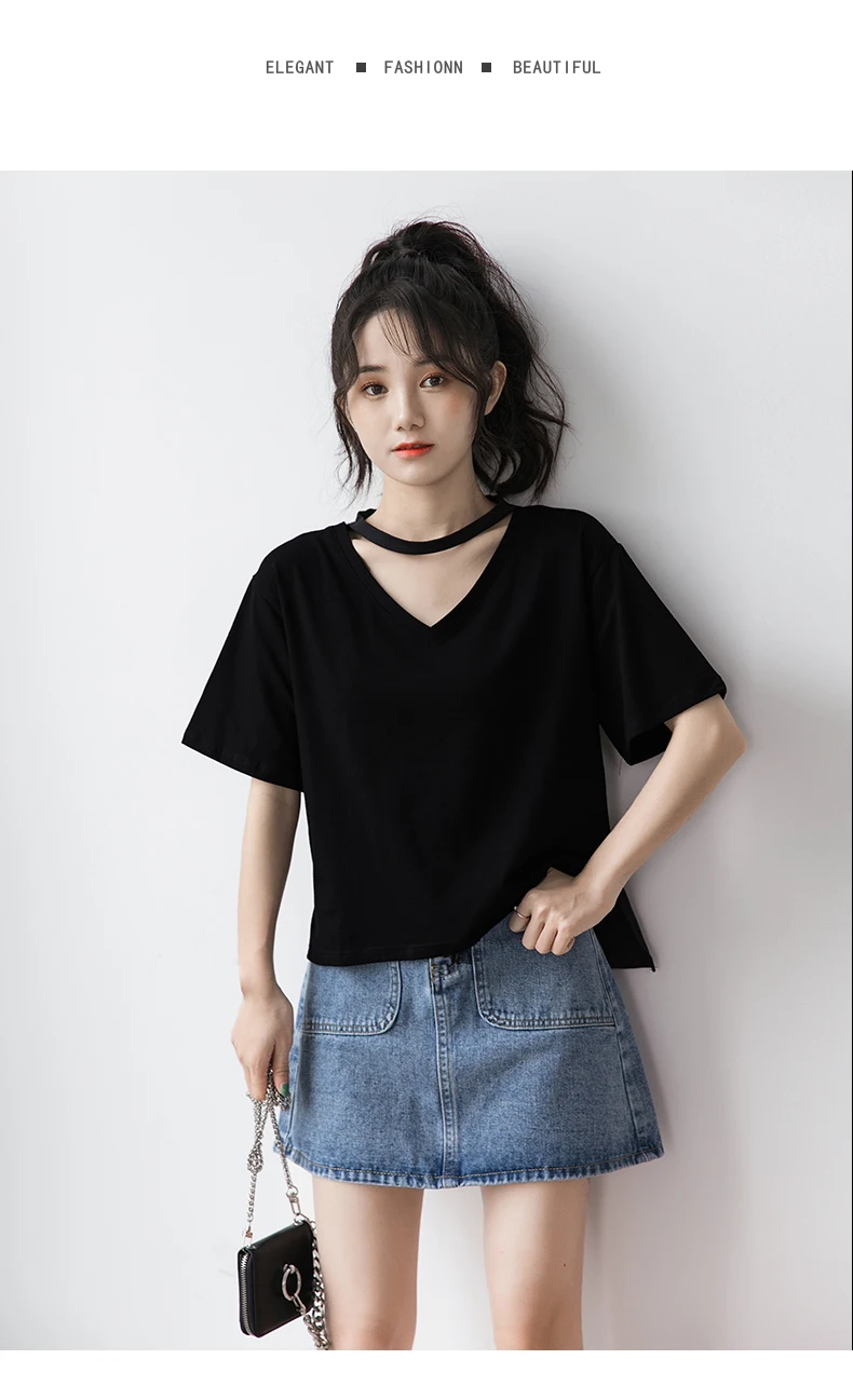 

2021 summer new hollow neck black V-neck T-shirt women's summer loose solid short sleeve top student Han banchao