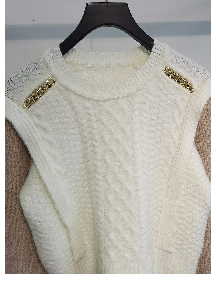 

Hoge Kwaliteit Kleine Lente En Winter Nieuwe Ronde Hals Keten Stiksels Contrast Kleur Korte Trui Wollen Trui Vrouwen
