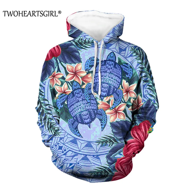 

Twoheartsgirl Vintage Samoan Hawaii Turtle Print Women Hoodies Polynesian Tribal Long Sleeve Sweatshirts Outwear With Pockets