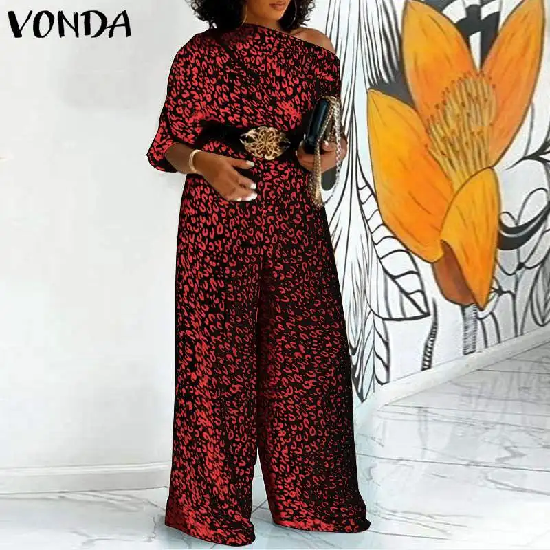 

Wide Leg Jumpsuit VONDA Sexy One Shoulder Long Playsuit Casual Half Sleeve Leopard Print Palazzo Pantalon Overalls Female 2021