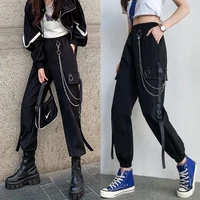 womens high waisted cargo pants pockets chain trousers gothic harajuku punk hip hop mall goth streetwear casual loose pants