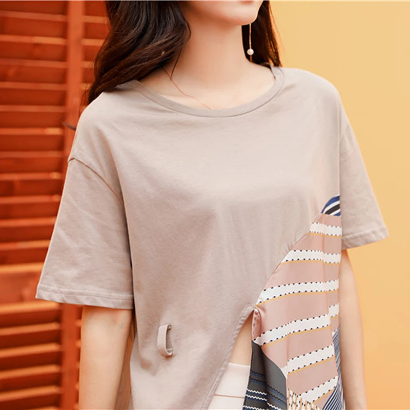 

XIZIHUPAN Casual Patchwork Striped T Shirt For Women O Neck Short Sleeve Irregular Hit Color T Shirts Female 2021 Summer Fashion