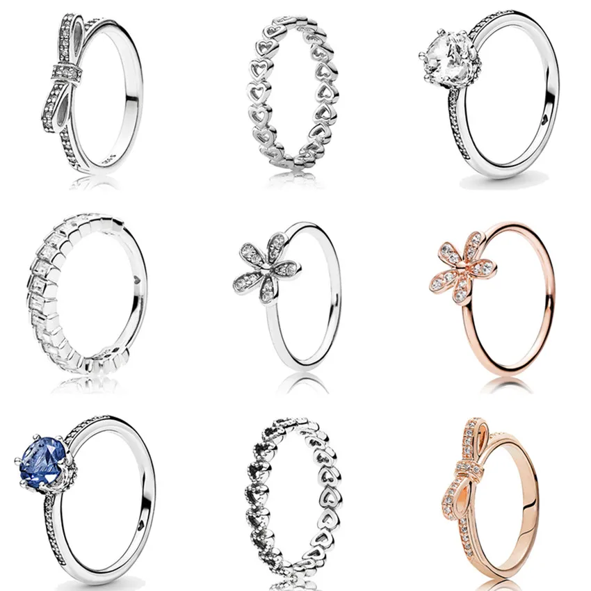 

925 Sterling Silver Ring Blue Sparkling Crown Rings With Crystal For Women Wedding Party Fashion Jewelry