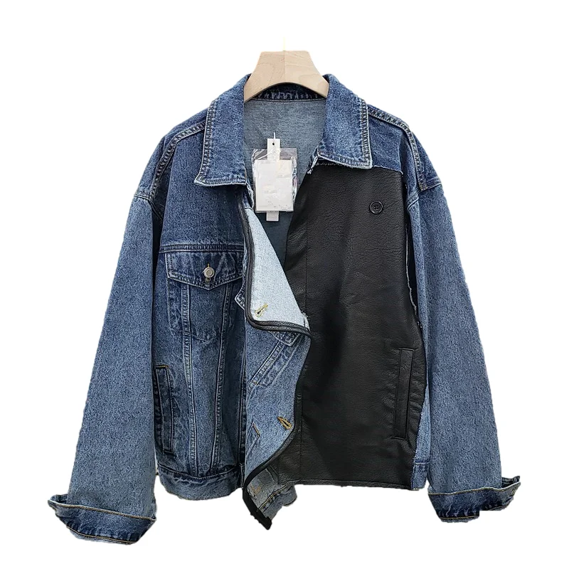 

Куртка женская демисезонная из искусственной кожи, асимметричная короткая из денима, свободного покроя, синяя джинсовая верхняя одежда в К...