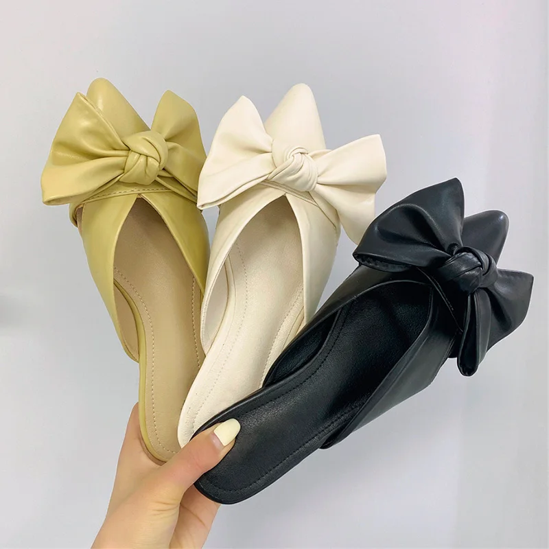 

2021 Women Slippers Pointed Toe Bow Fashion Comfort Females Slides Vintage Soft-Soled Casual Elegant Outdoors Beach Ladies Shoes