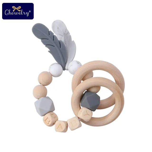 19CP0107 1 шт. детские игрушки Силиконовый браслет с перьями бука деревянные Прорезыватели для зубов DIY Детские Настраиваемые имя деревянные погремушки Прорезыватели грызунов - Цвет: 19CP0107