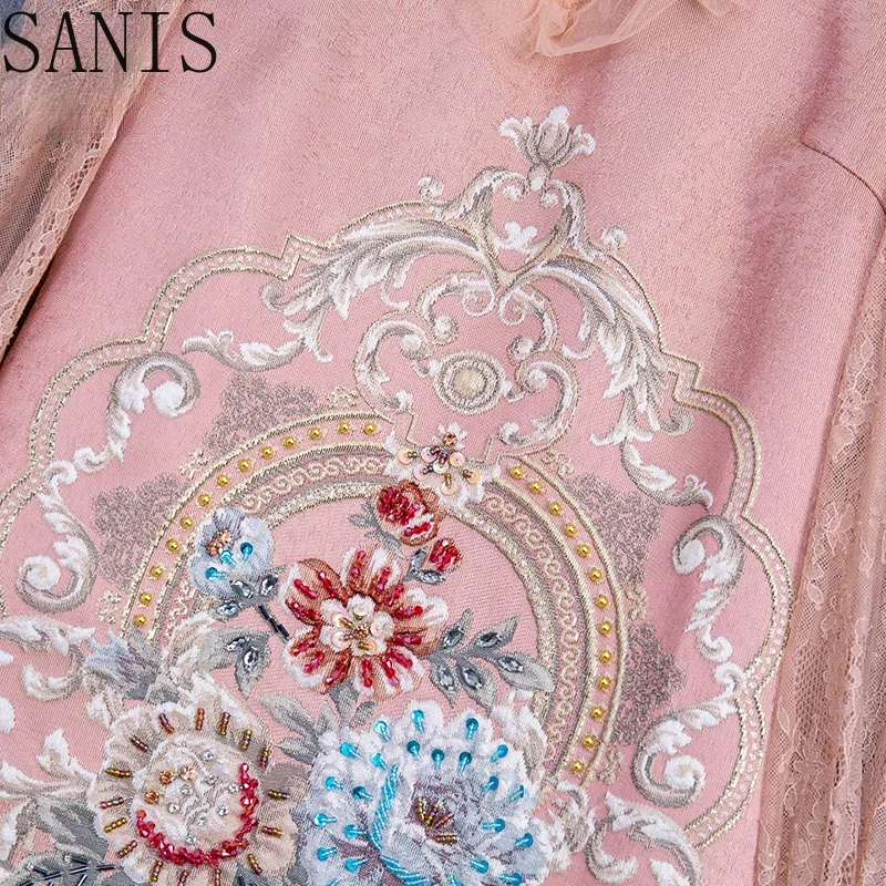 

Sanis New 2021 Fashion Runway Summer Dress Women Pink Long sleeve Gorgeous Beading Floral Jacquard Vintage Mini Dress