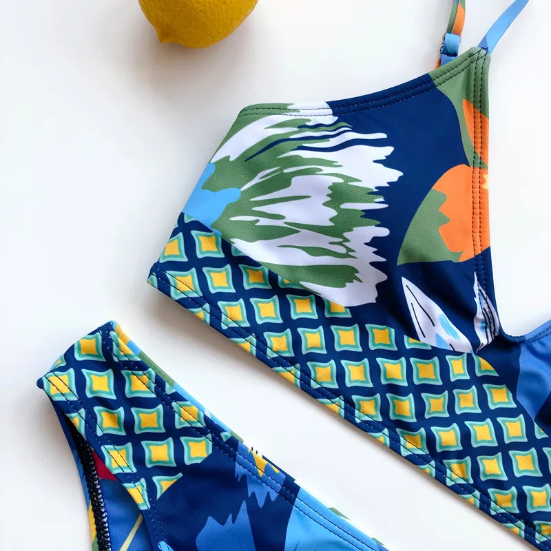 

2020 New woman swimsuit blue Print bodysuit swimwear beach bikini bodycon Celebrity evening party Bandage bodysuits