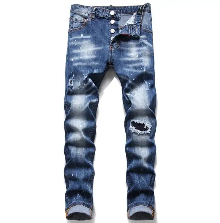 Autumn men's jeans winter new white slim stretch trousers blue hand-worn tight beggar pants blue