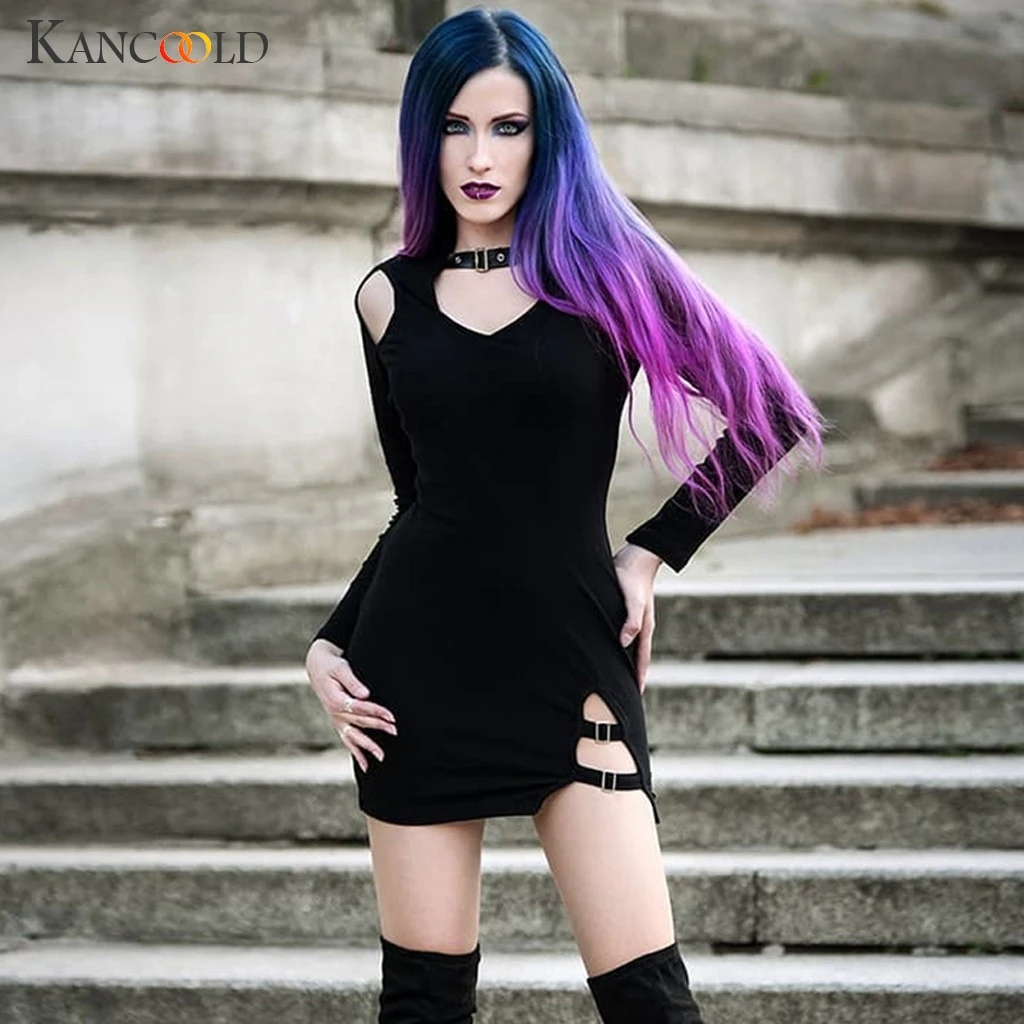 Женское платье с длинным рукавом готическое однотонное круглым вырезом и