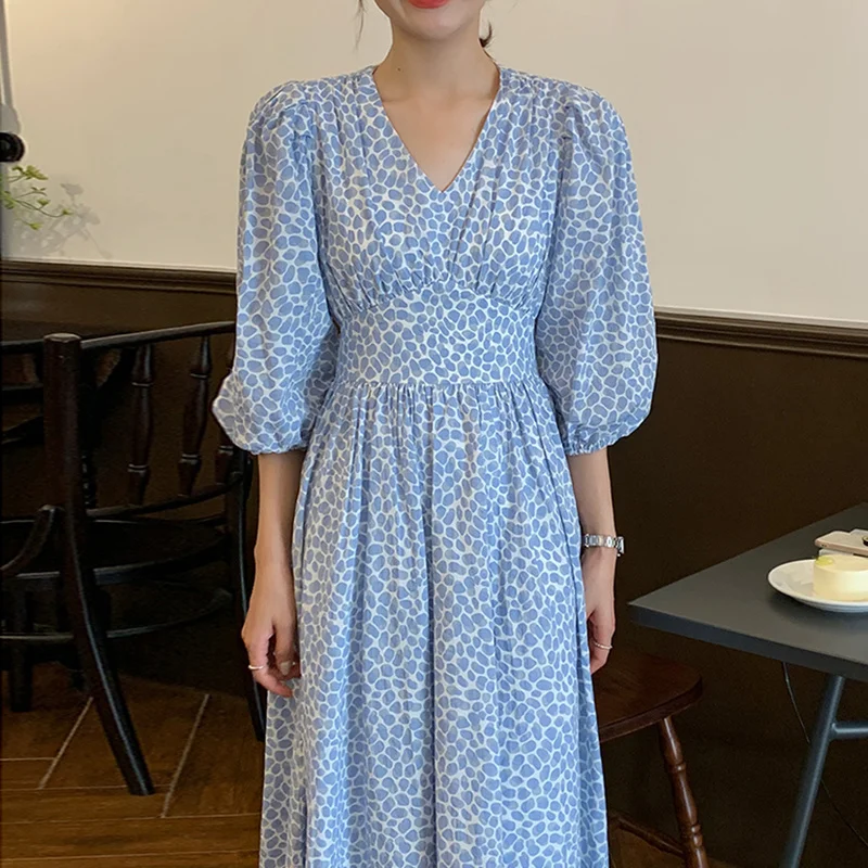 

Korean Chic French Dress Mini Fresh Print V-neck Summer Dress Open Back Lace Up Waist Sleeve Dress for Women