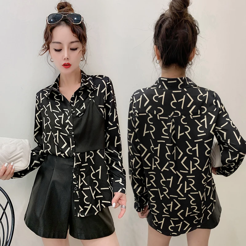 

Autumn New Women's Blouses Polo Shirt Long Sleeve Tops Letter Stitching Blouse Girl Viscose Casual Fashion Lady Loose