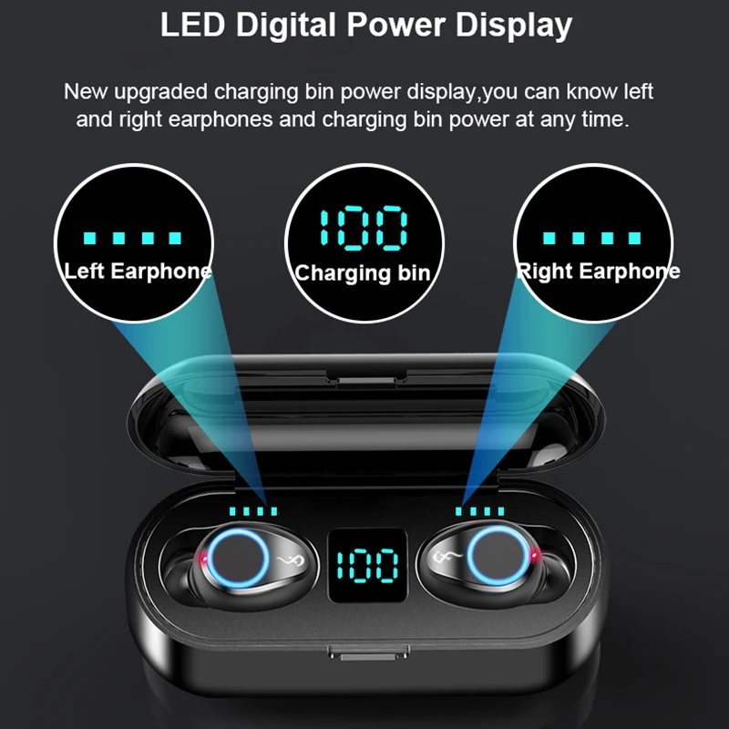 F9 Bluetooth V5.0 наушники Беспроводные 9D стерео Спортивная гарнитура TWS мини-наушники с