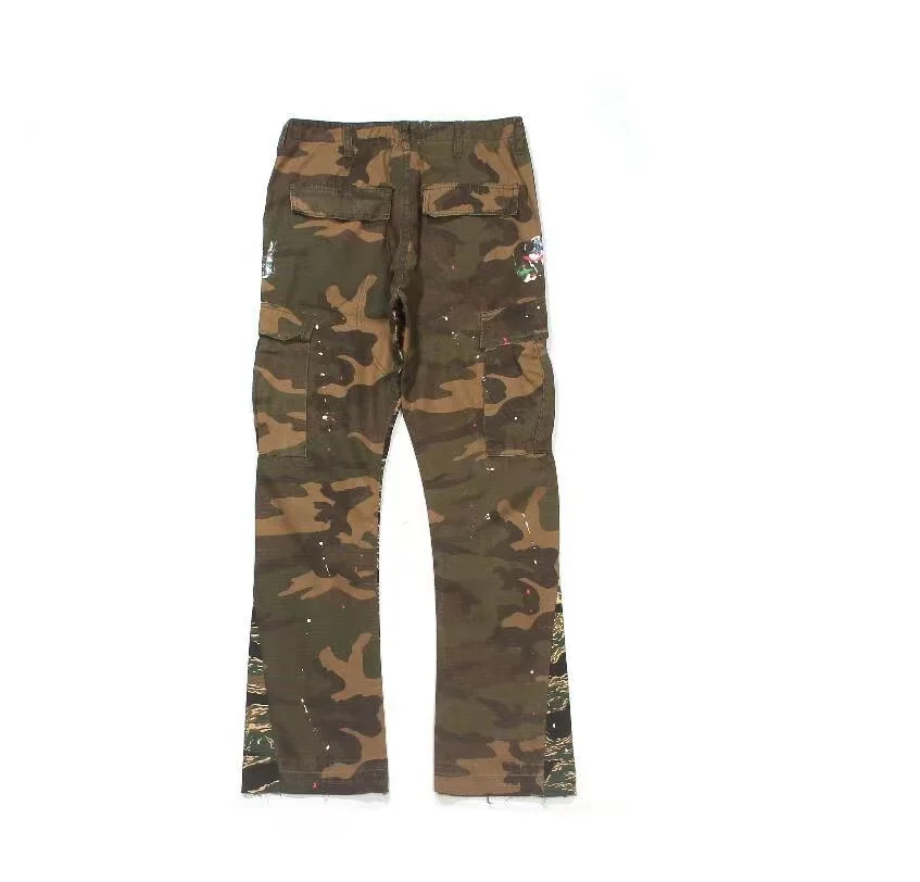 

High Street Camo Wash, vintage stitching, deconstruction, splash-ink dungarees, bell bottoms