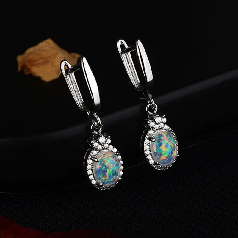 BLACK ANGEL Natural Opal Egg Shaped Earrings Silver 925 Opal Hamsa Clip Earring for Women Fine Jewelry Wholesale