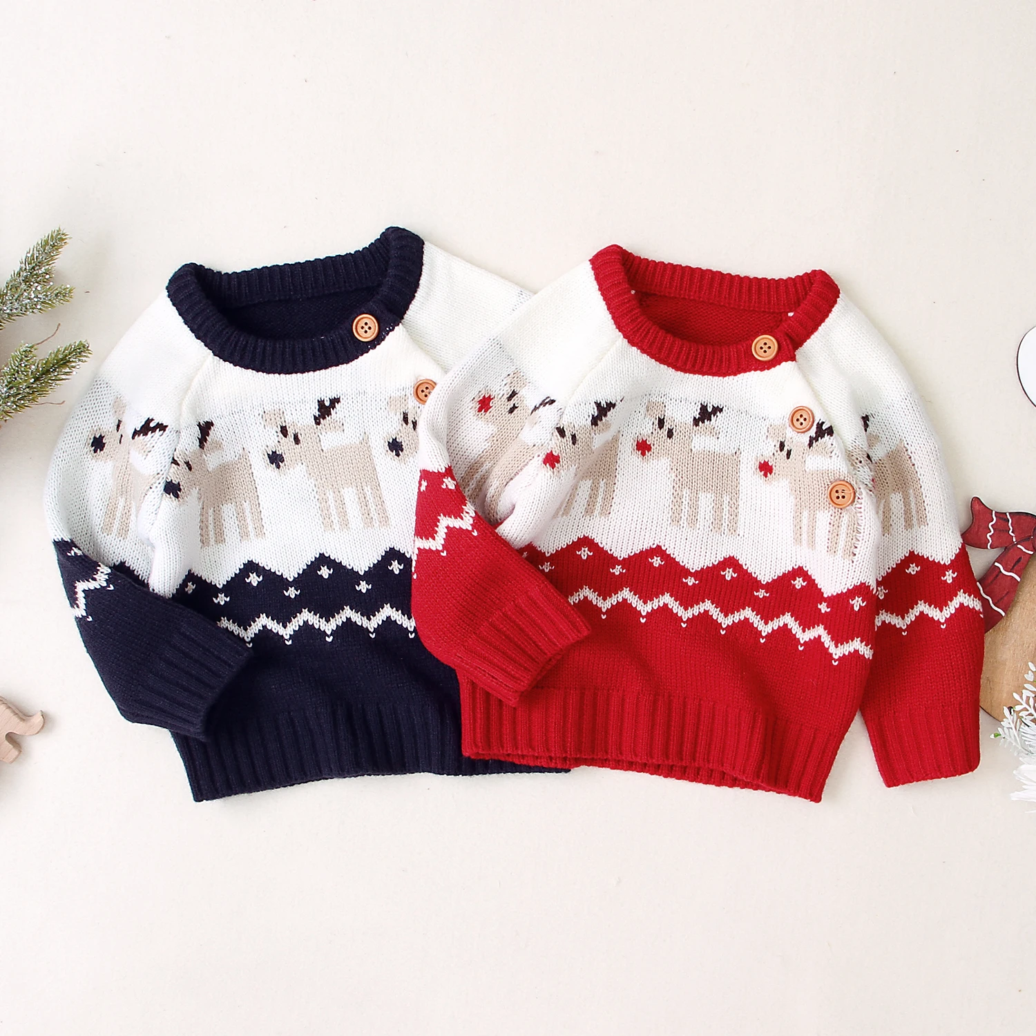 

0-18M Christmas Baby Knitted Sweater Boy Girl Round Neck Long Sleeve Loose Sweater with Elk Pattern for Spring and Winter 2020
