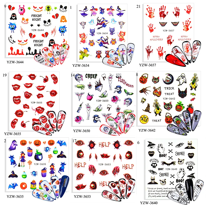 

2021 Halloween Nail Stickers Water Self Adhesive Nail Art Tattoo Big Lips/Palms/Skeleton/Pumpkin Sliders For Nails Nail Design
