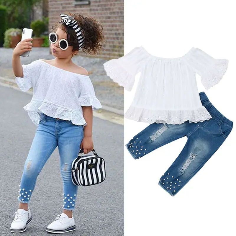 

2PCS Toddler Kids Baby Girls Clothes Set Summer Short sleeve White Tops T-shirt Denim + Long Pants Jeans Outfits Set