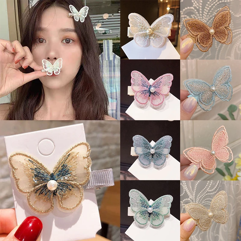 

3D Embroidered Butterfly Lace Hairpins Women Hair Clips Pearl Mesh Alloy Barrettes Hair Ornament Hair Accessories Lady Hairgrips