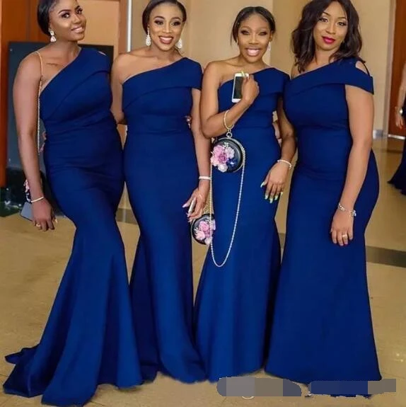 

chiffon Blue One Shoulder Bridesmaid Dresses Sweep Train Simple African Garden Country Wedding Guest Maid Of Honor Dress Plus