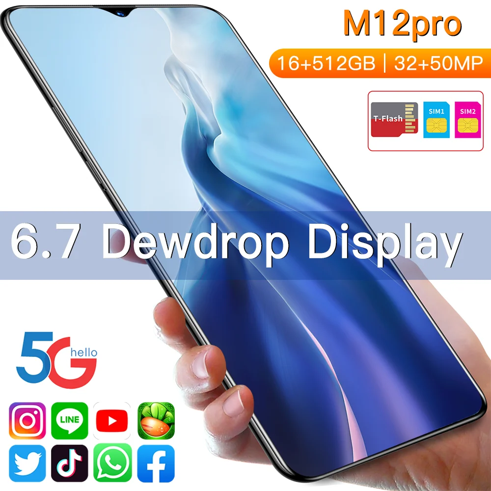 

M12Pro Smartphone Android 11.0 16+512GB 32+50MP 6.7 Push-Button Phone MTK6889 Deca Core Dewdrop Display Unlocked Cell Phones
